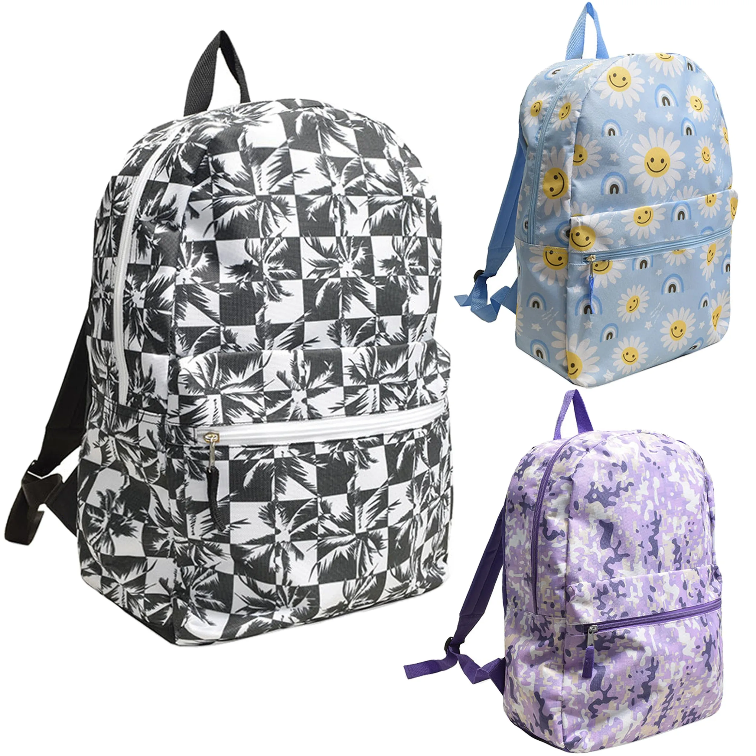 17" Wholesale Printed Backpacks in 3 Assorted Prints - Bulk Case of 24 Bookbags