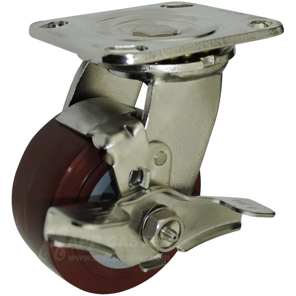 4" x 2" Polyurethane Wheel Stainless Steel Swivel Caster with Brake- 600 Lbs Capacity