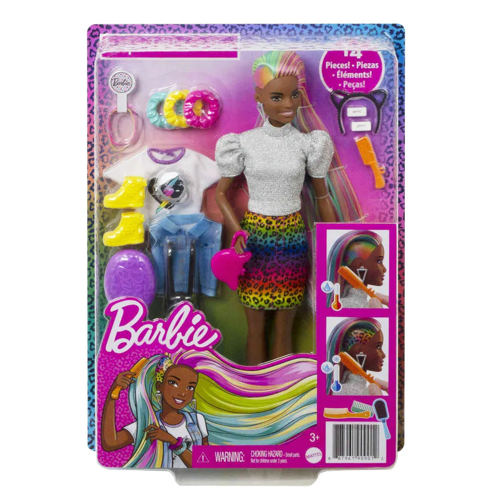 Barbie Leopard Rainbow Hair Doll Animal Print Skirt