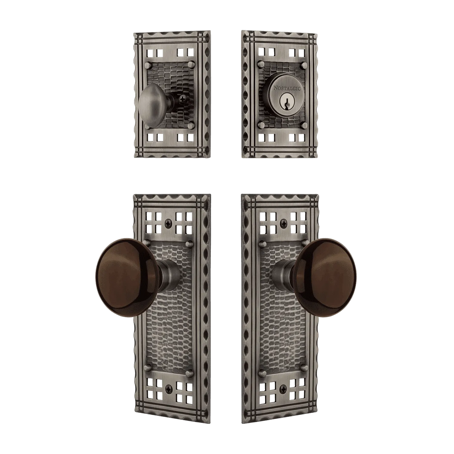 Craftsman Entry Set with Brown Porcelain Knob in Antique Pewter