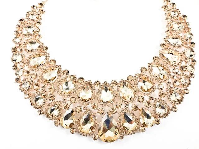 Fancy Layered Light Brown Color Crystals Pear Shape Design Style Pattern Earring Necklace Set