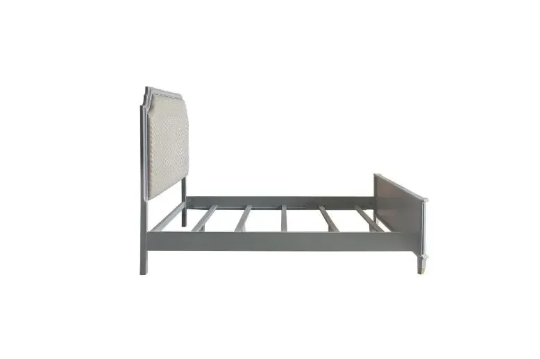 Florence California King Bed, Two Tone Beige Fabric & Pearl Gray Finish