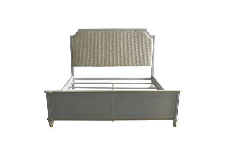 Florence California King Bed, Two Tone Beige Fabric & Pearl Gray Finish