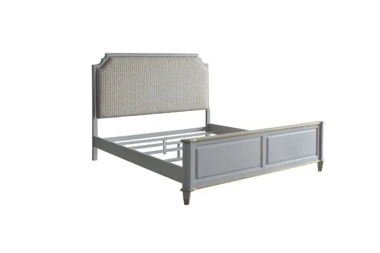 Florence California King Bed, Two Tone Beige Fabric & Pearl Gray Finish