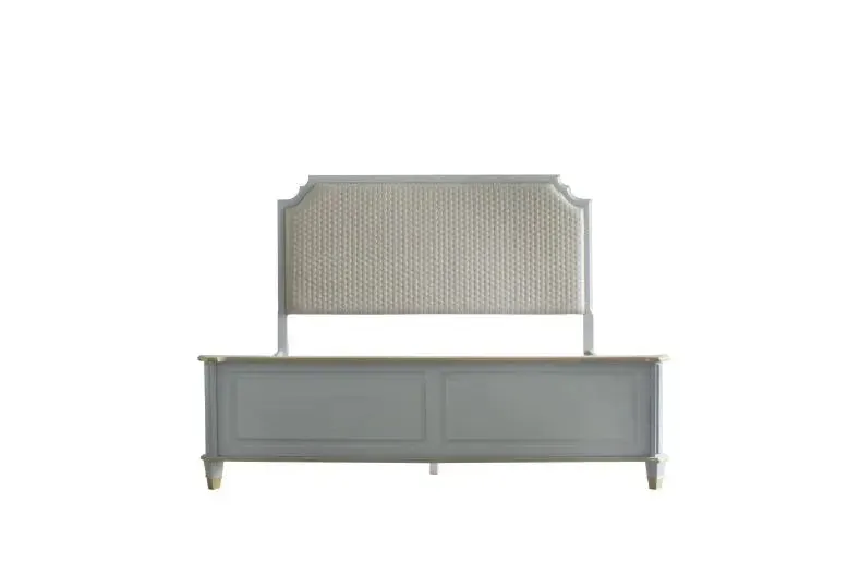 Florence California King Bed, Two Tone Beige Fabric & Pearl Gray Finish