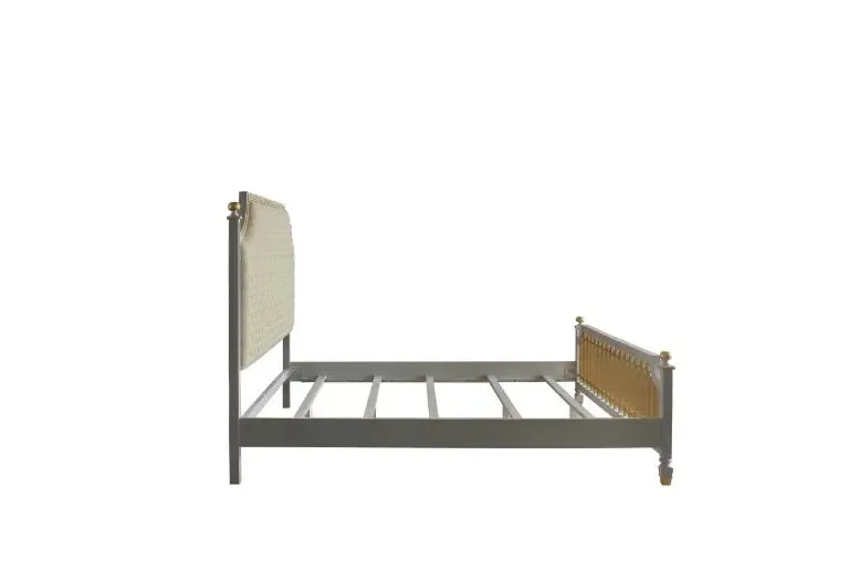 Florence Queen Bed, Beige Faux Leather & Pearl Gray Finish