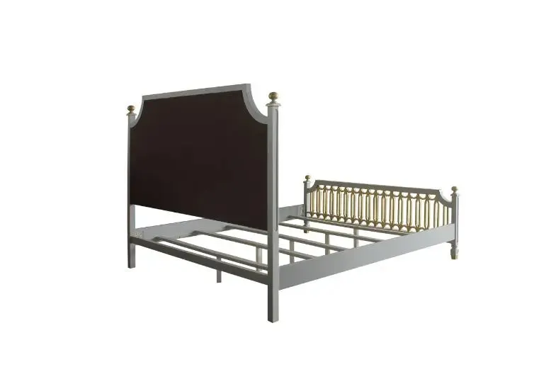 Florence Queen Bed, Beige Faux Leather & Pearl Gray Finish