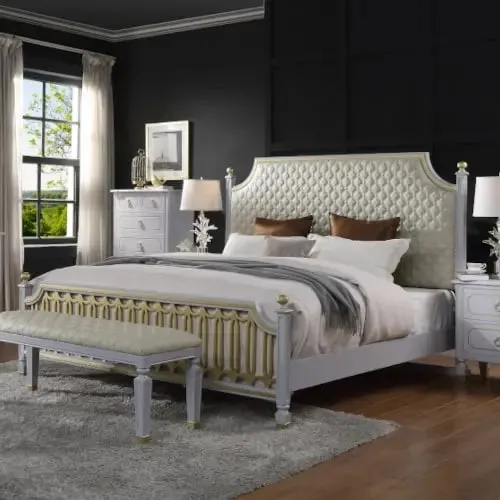 Florence Queen Bed, Beige Faux Leather & Pearl Gray Finish