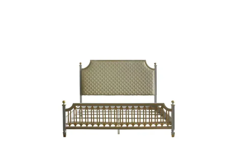 Florence Queen Bed, Beige Faux Leather & Pearl Gray Finish