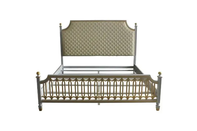 Florence Queen Bed, Beige Faux Leather & Pearl Gray Finish