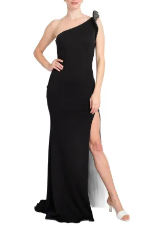 Jovani fitted one shoulder slit front crepe gown