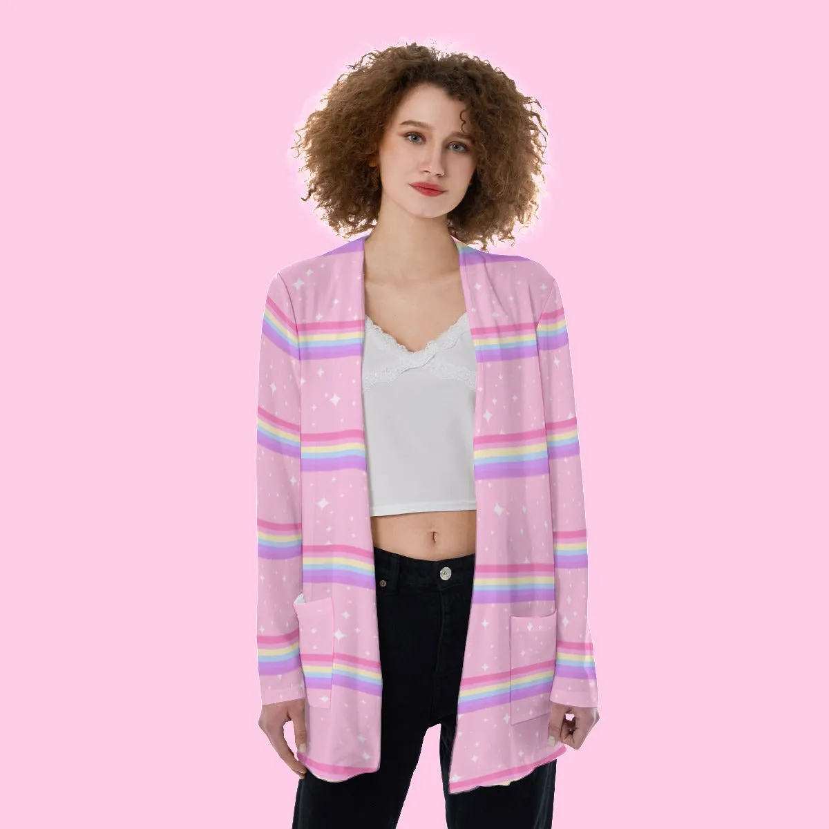 Kawaii Sparkle Cake Rainbow Beam Open Front Lightweight Cardigan With Pockets