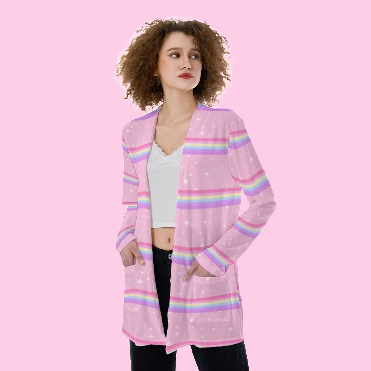 Kawaii Sparkle Cake Rainbow Beam Open Front Lightweight Cardigan With Pockets