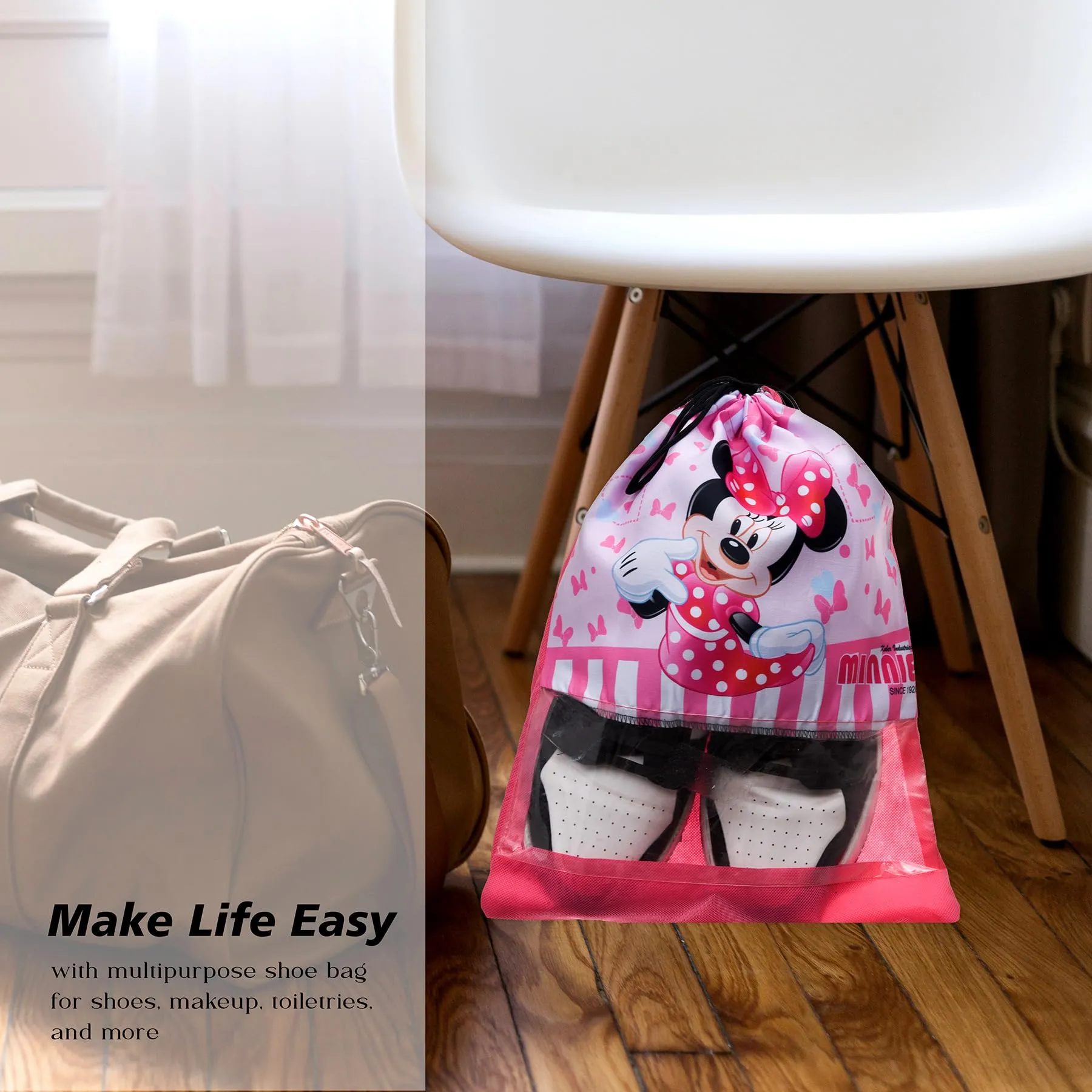 Kuber Industries Disney Minnie Shoe Cover | Travel Shoe Storage Bags | Polyester Storage Bag | Drawstring Shoe Cover | Shoe Organizer with Clear Window | Pack of 12 | Pink