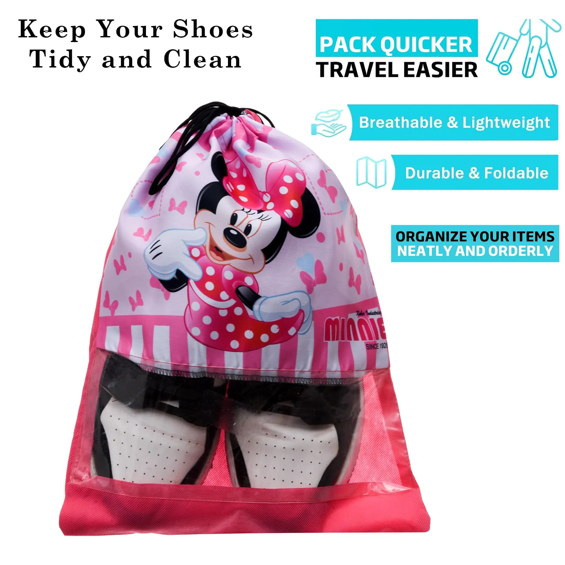 Kuber Industries Disney Minnie Shoe Cover | Travel Shoe Storage Bags | Polyester Storage Bag | Drawstring Shoe Cover | Shoe Organizer with Clear Window | Pack of 12 | Pink