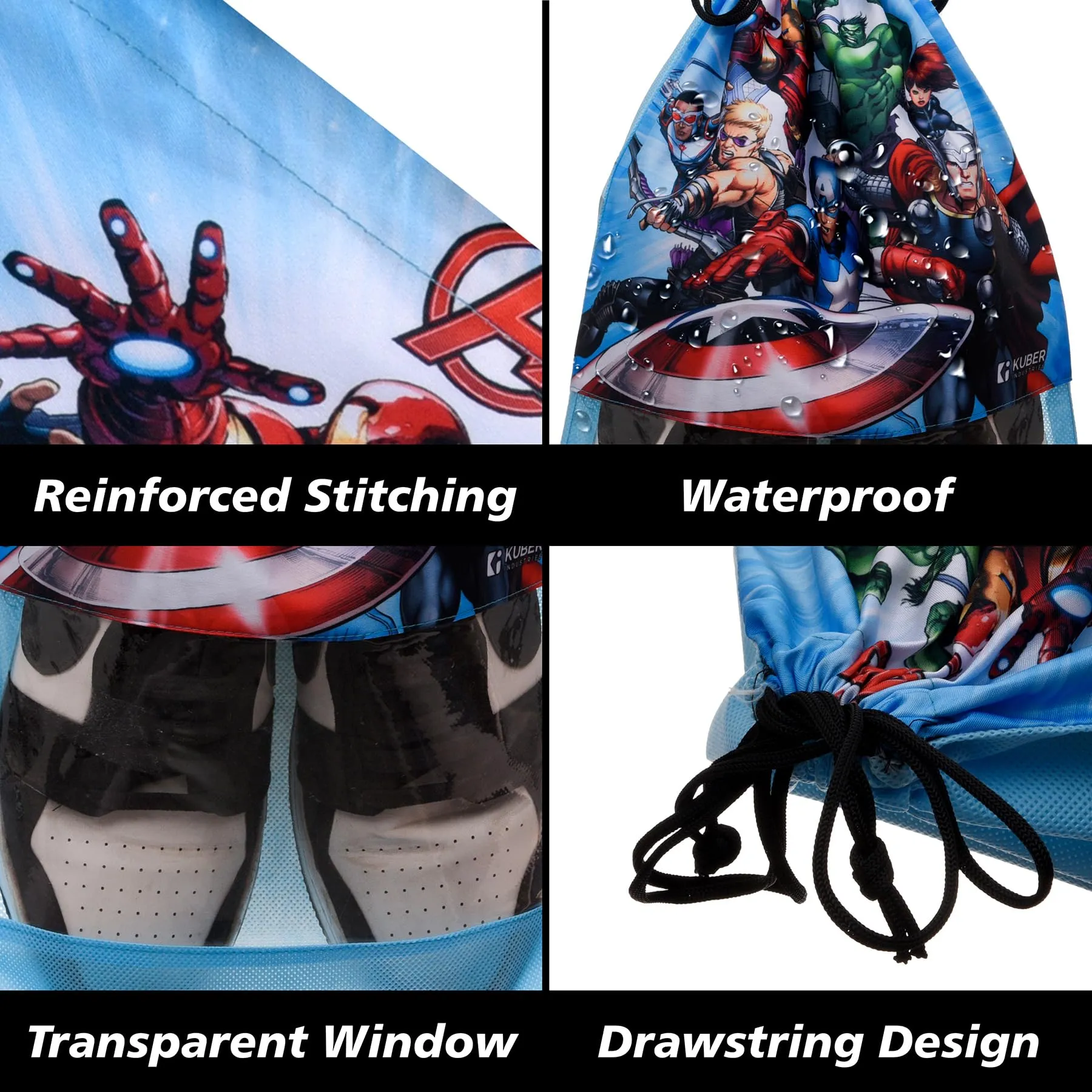 Kuber Industries Marvel Avengers Shoe Cover | Travel Shoe Storage Bags | Polyester Storage Bag | Drawstring Shoe Cover | Shoe Organizer with Clear Window | Pack of 6 | Multi