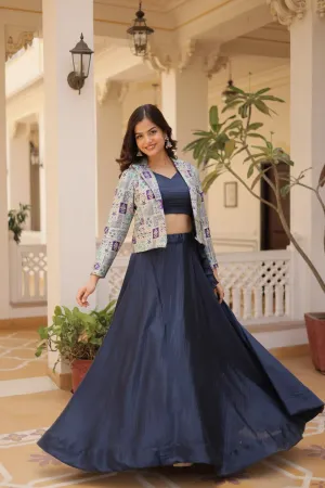 Navy Blue Chinnon Lehenga Set with Sleeveless Blouse and Jacquard Koti