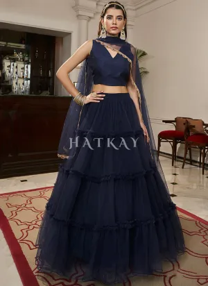 Navy Blue Minimalist Ruffles Detailed Net Lehenga Choli