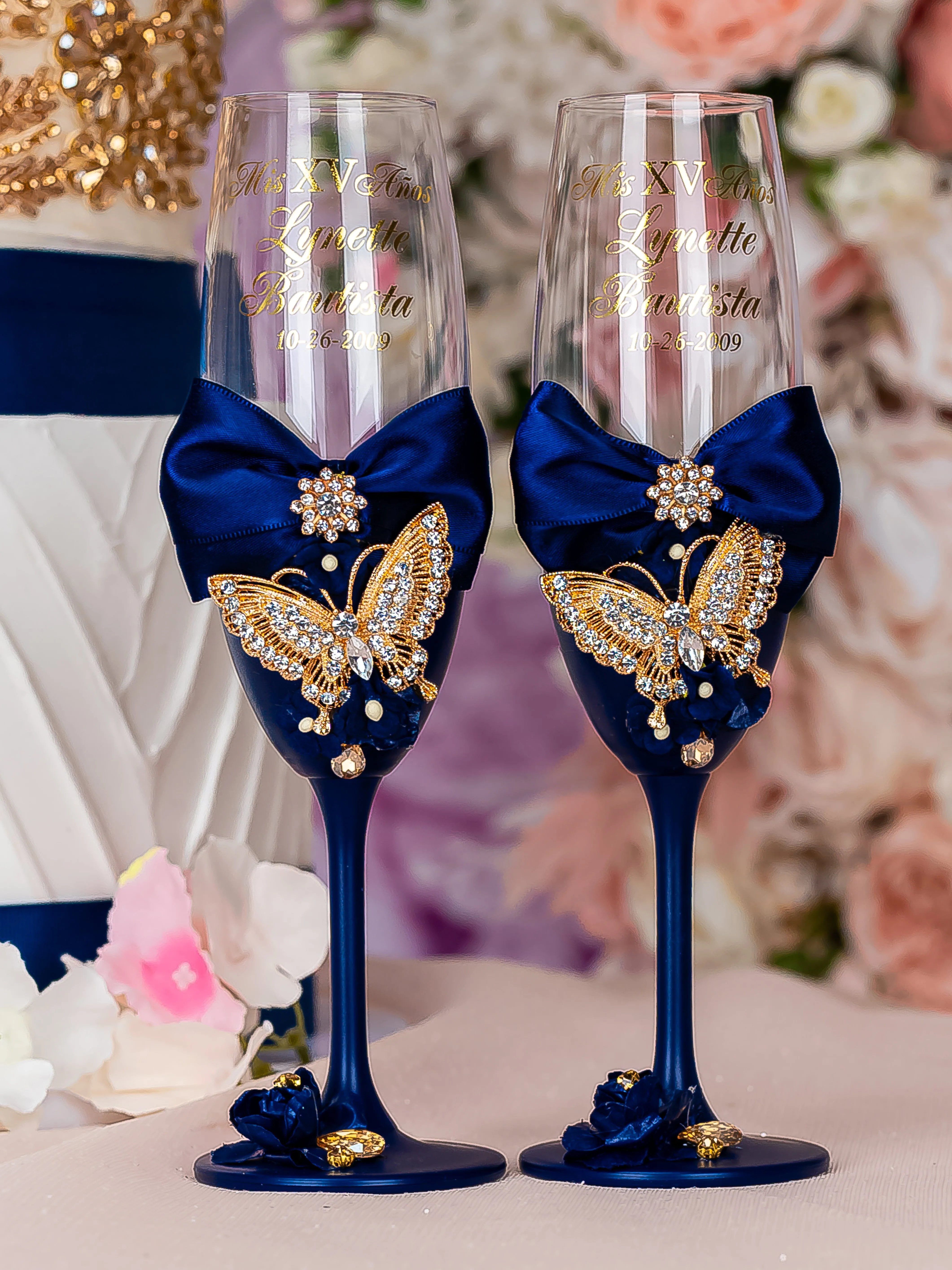 Navy blue with butterflies quinceanera cake knife set with 2 glasses