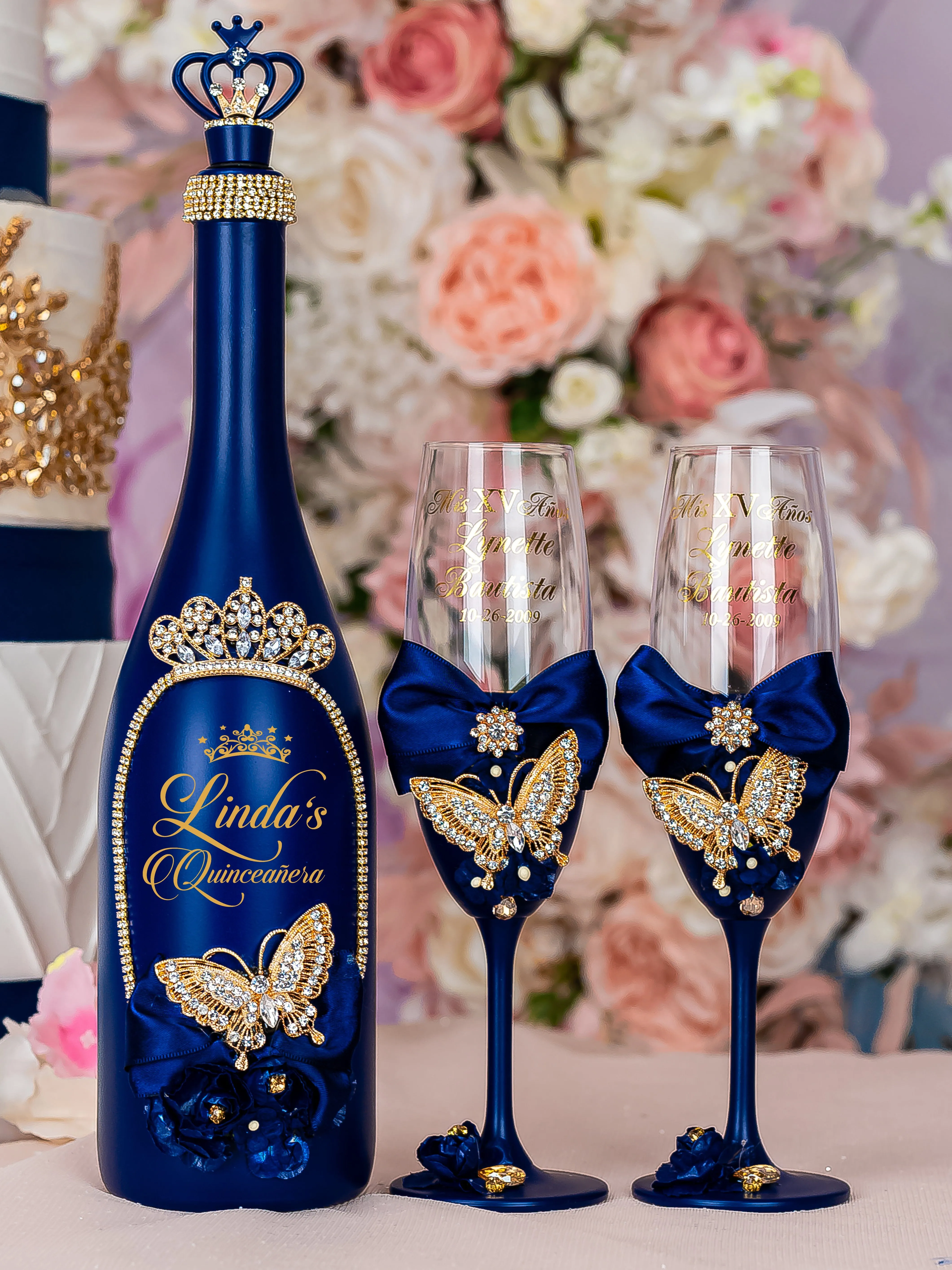 Navy blue with butterflies quinceanera cake knife set with 2 glasses