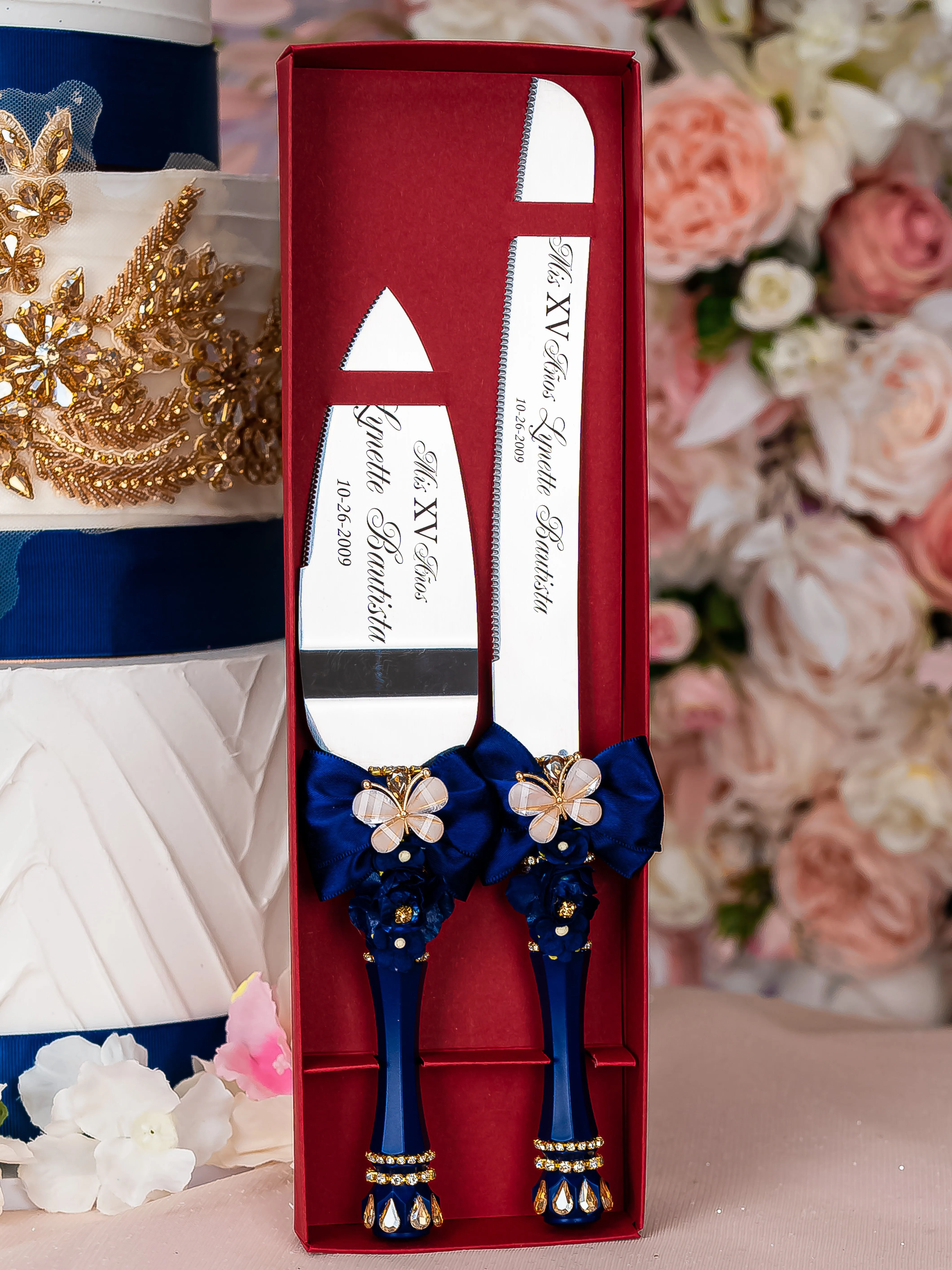 Navy blue with butterflies quinceanera cake knife set with 2 glasses