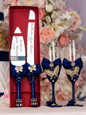 Navy blue with butterflies quinceanera cake knife set with 2 glasses