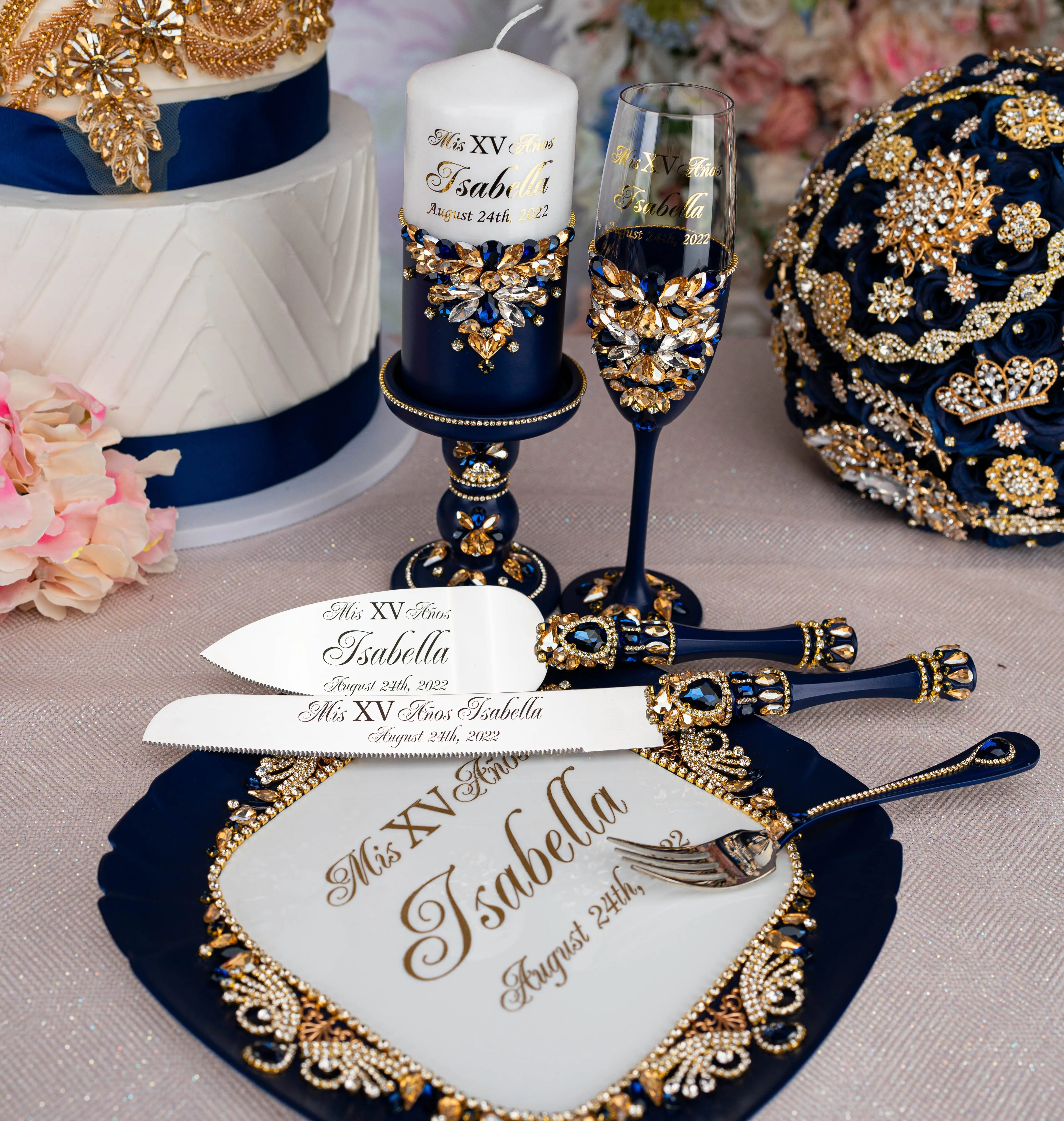 Navy blue with gold quinceanera brindis package with candle