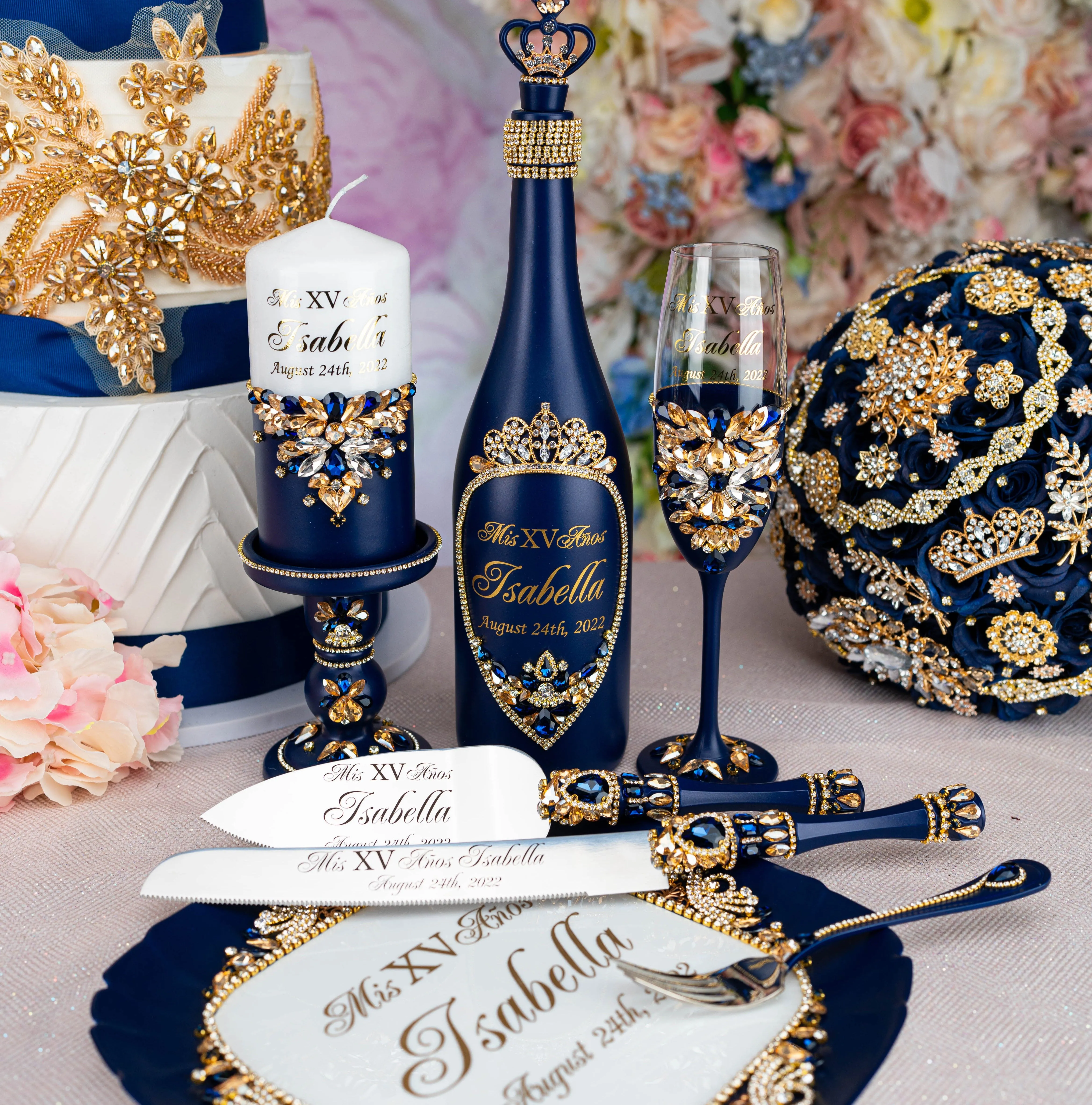 Navy blue with gold quinceanera brindis package with candle