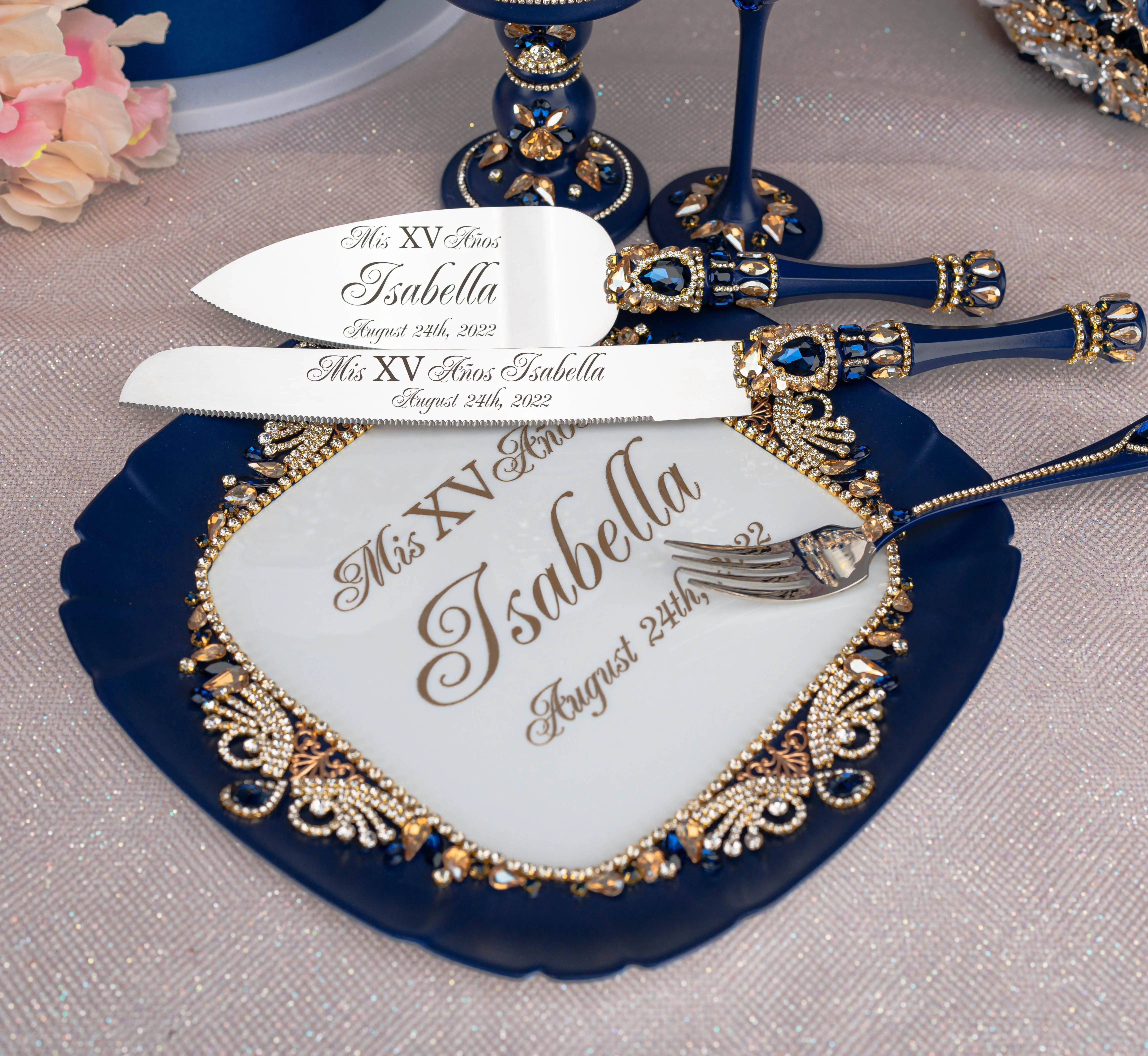 Navy blue with gold quinceanera brindis package with candle