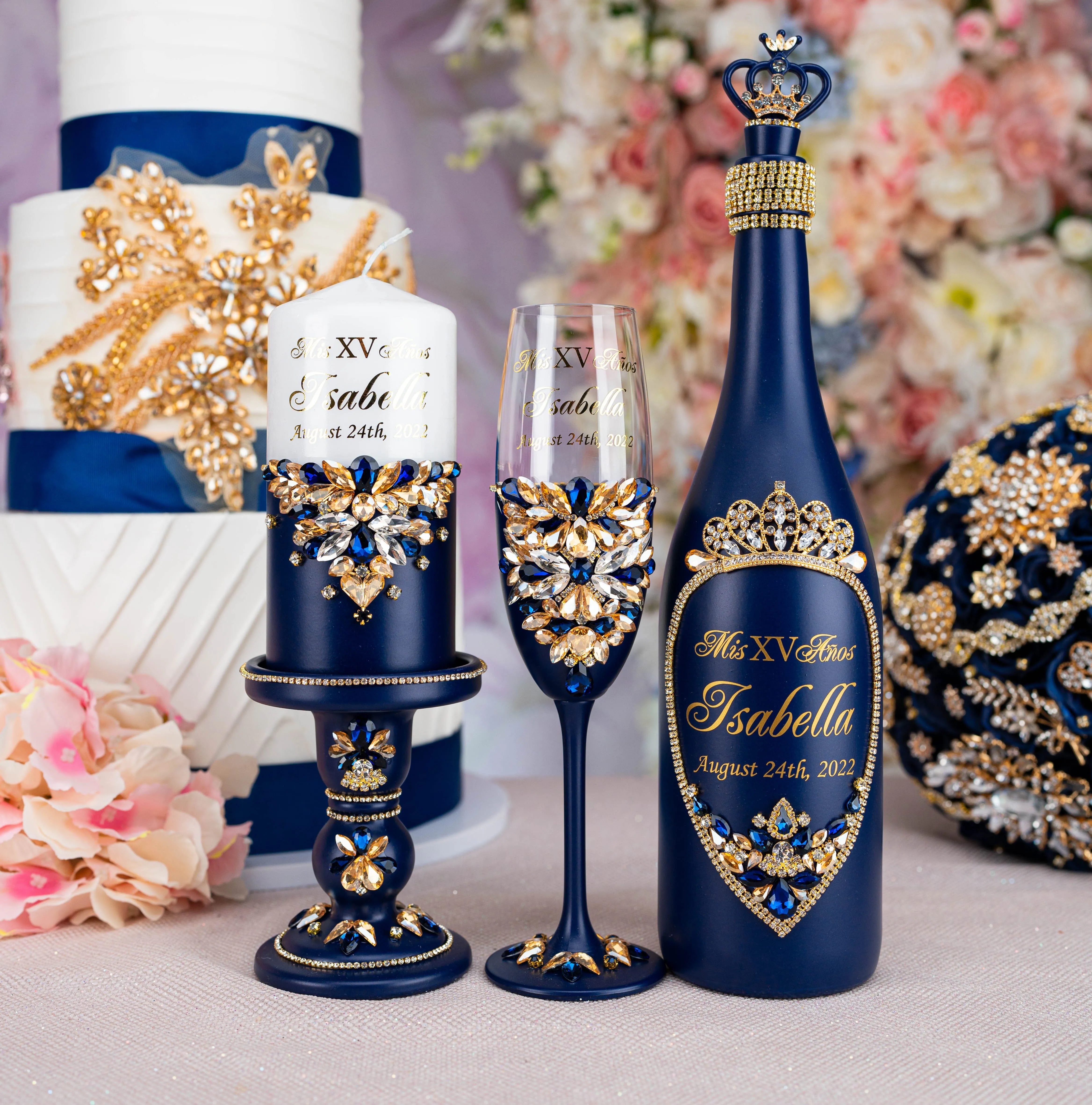 Navy blue with gold quinceanera brindis package with candle