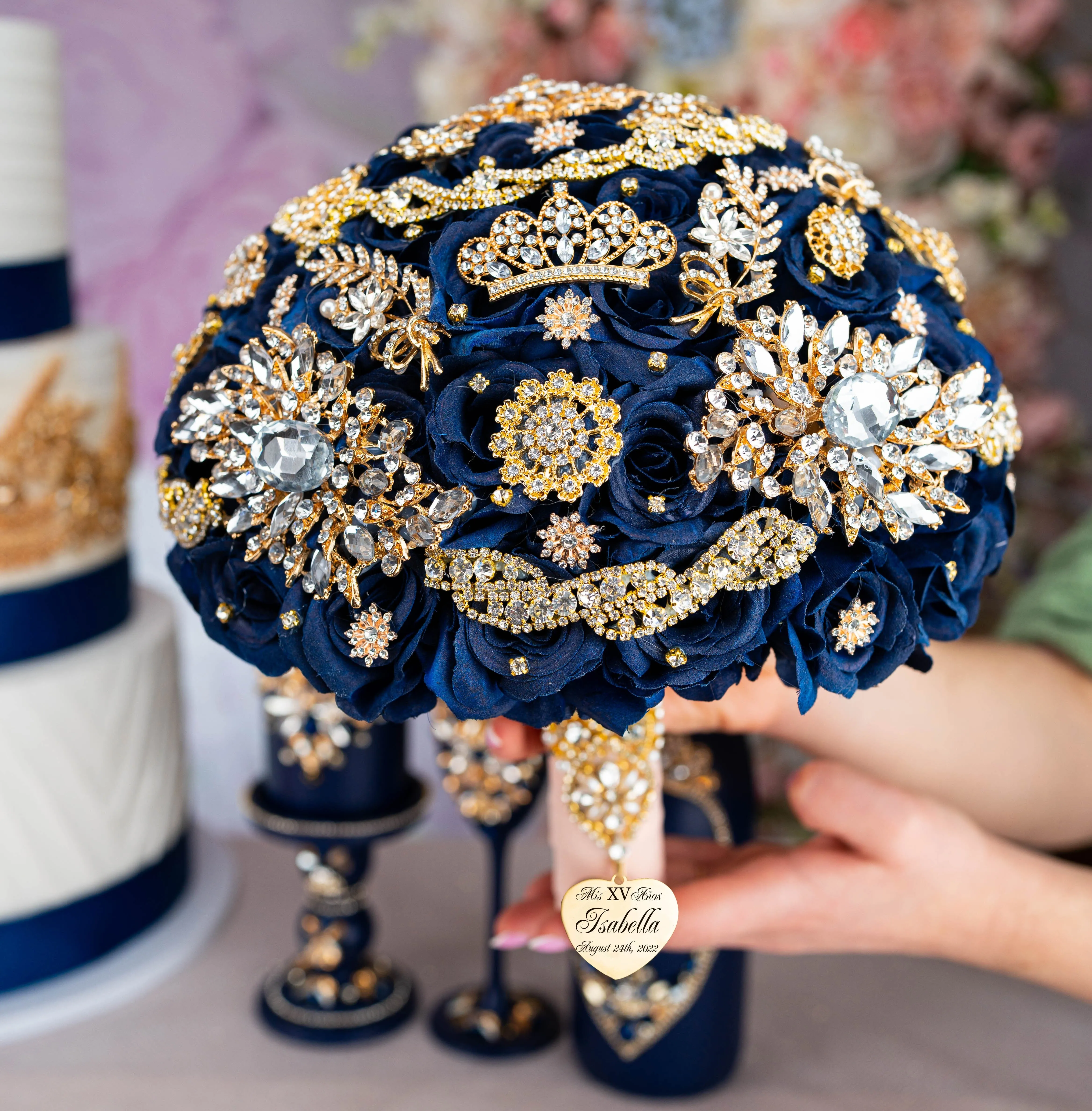 Navy blue with gold quinceanera brindis package with candle