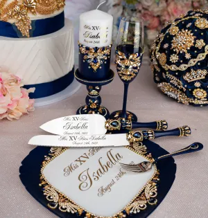 Navy blue with gold quinceanera brindis package with candle