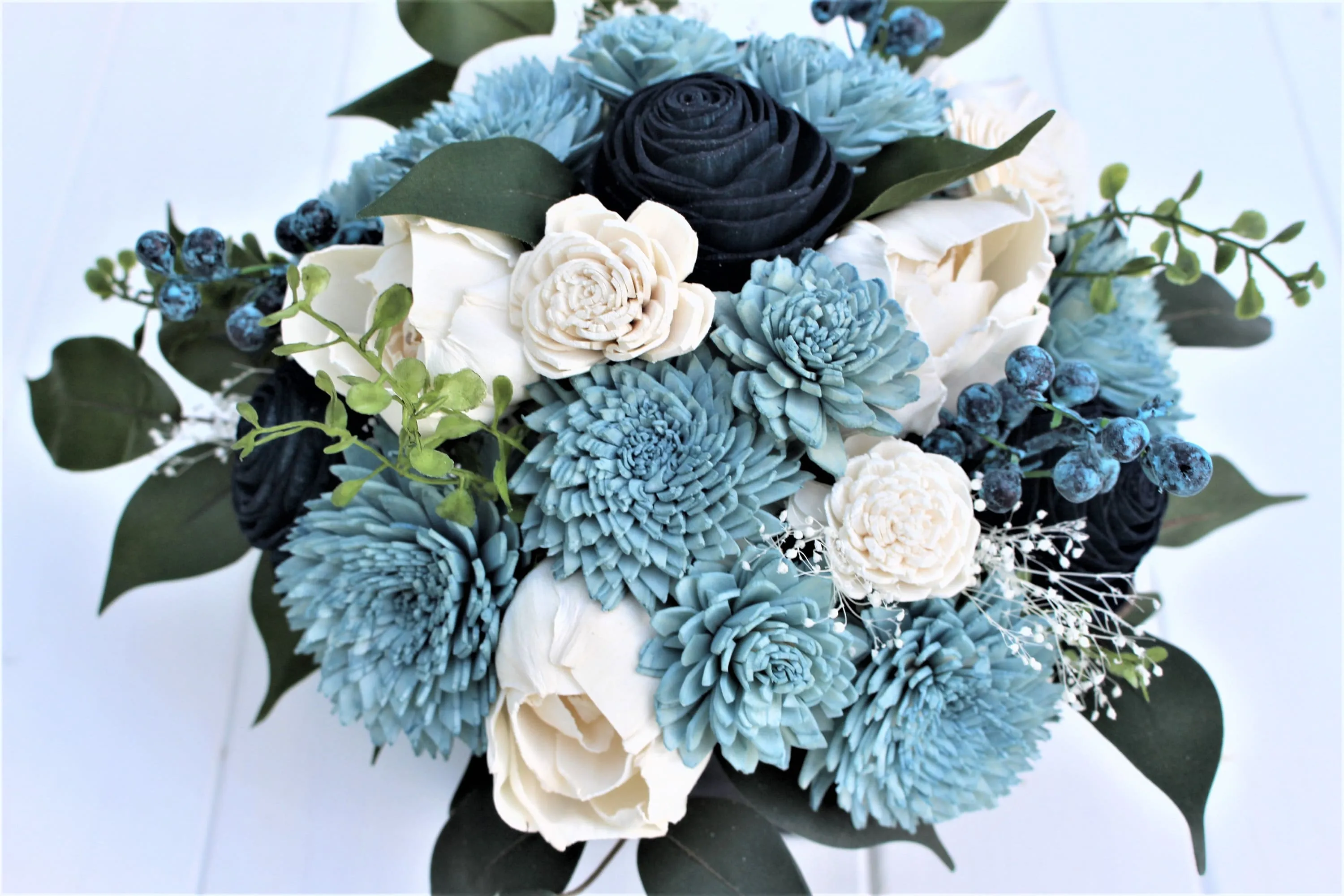 Navy Dusty Blue and Ivory Sola Wood Flower Centerpiece