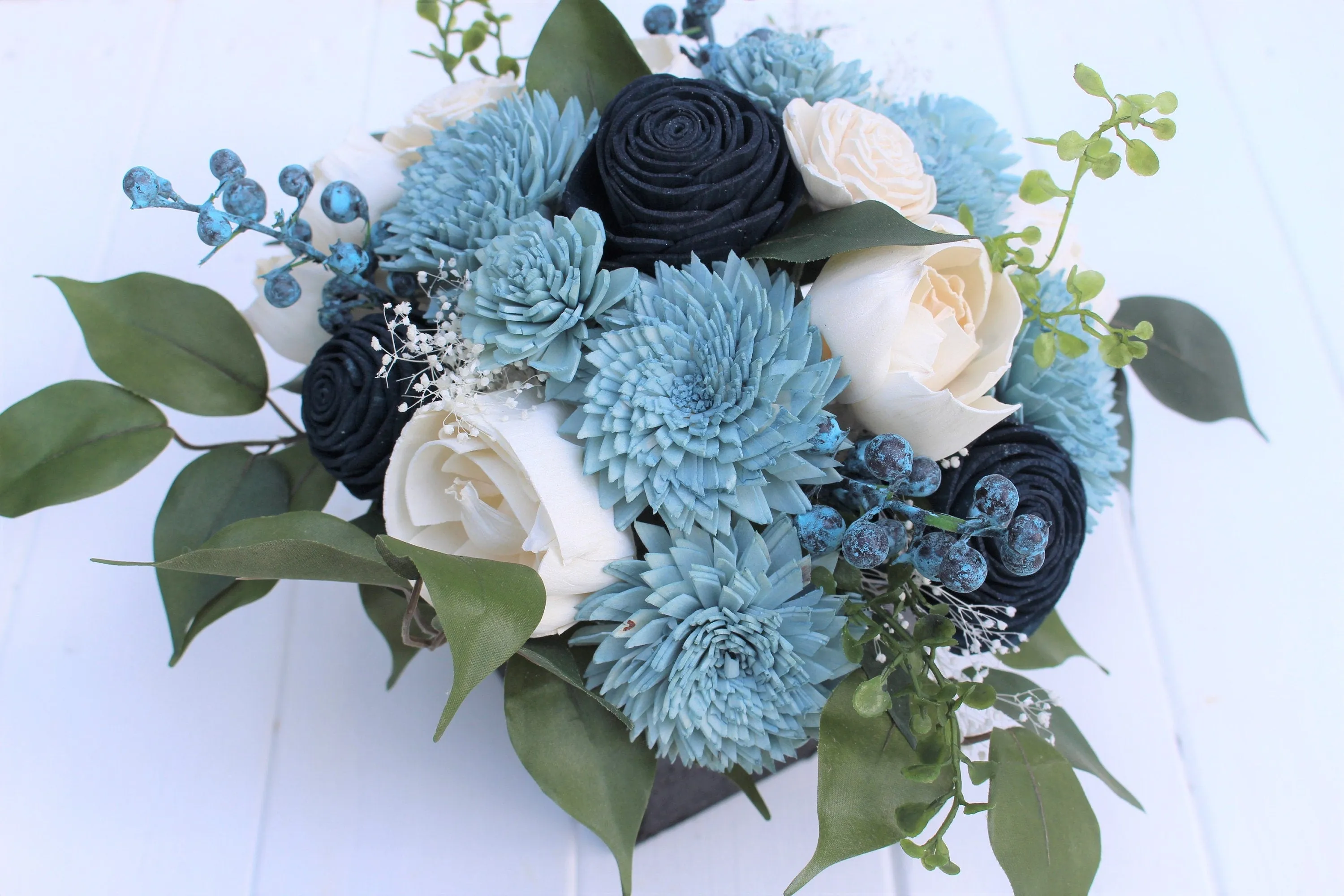 Navy Dusty Blue and Ivory Sola Wood Flower Centerpiece