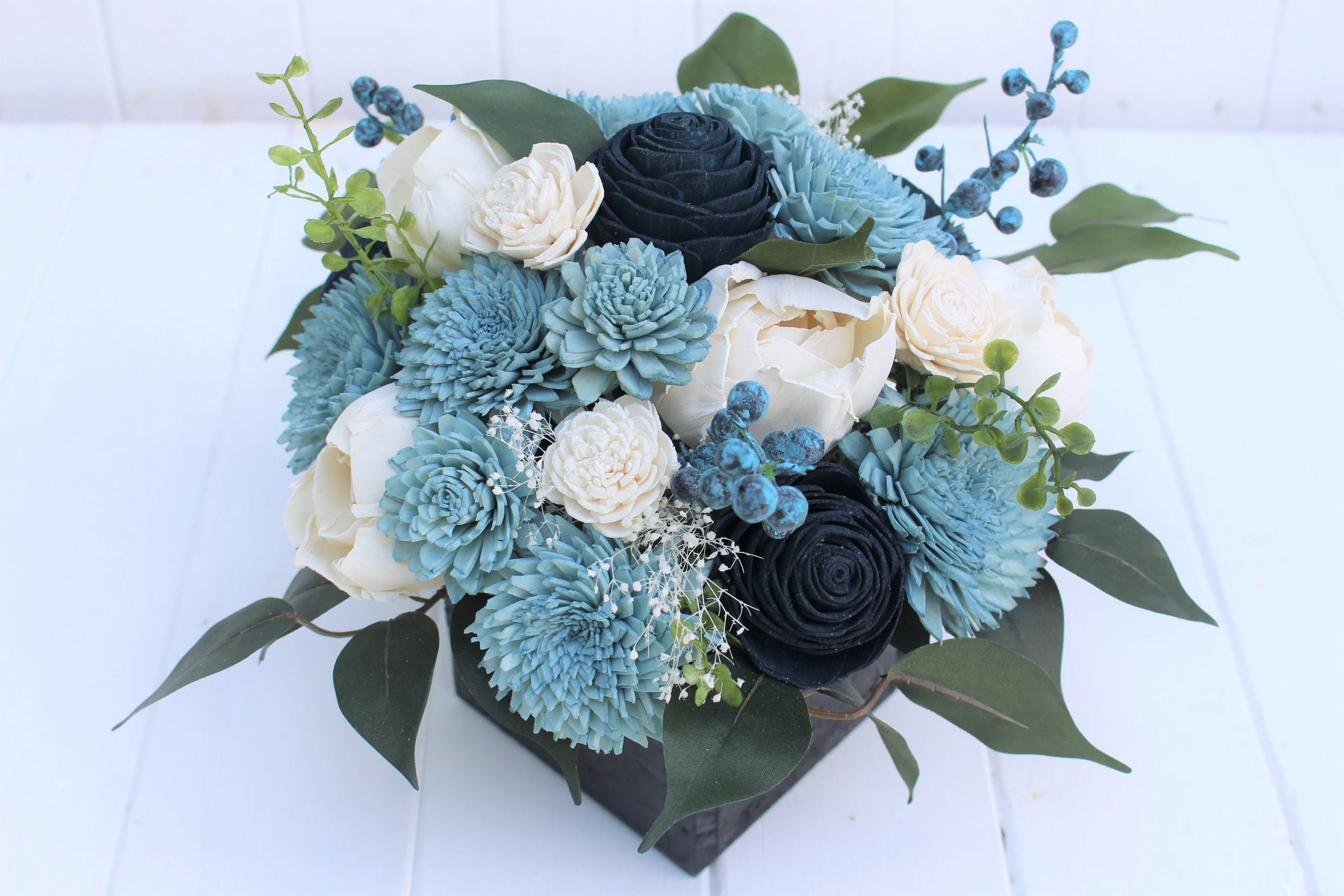 Navy Dusty Blue and Ivory Sola Wood Flower Centerpiece