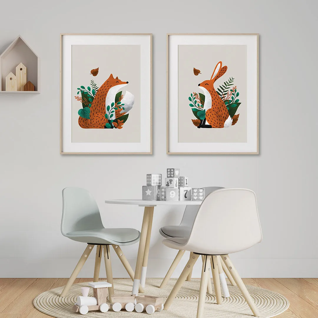 Neutral Fox & Hare Scandi Woodland Animals Nursery Prints Set Of 2