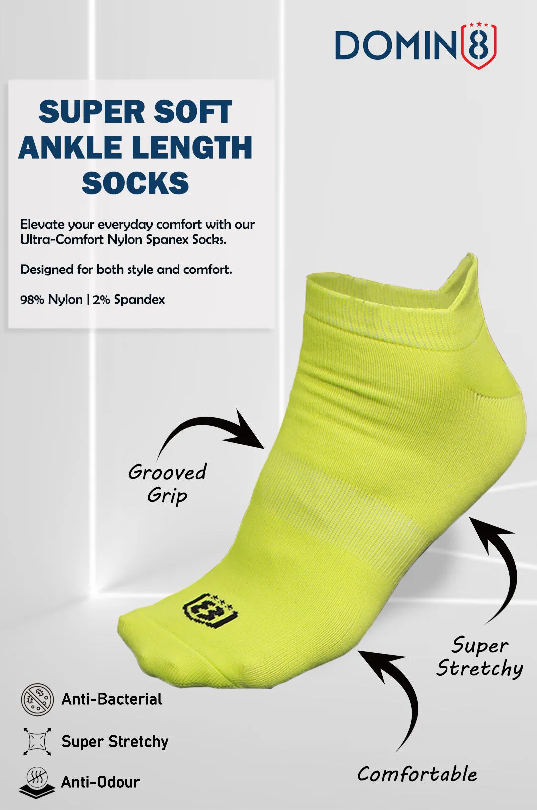 Nylon Low Ankle Socks With Rubber Grip  - Neon