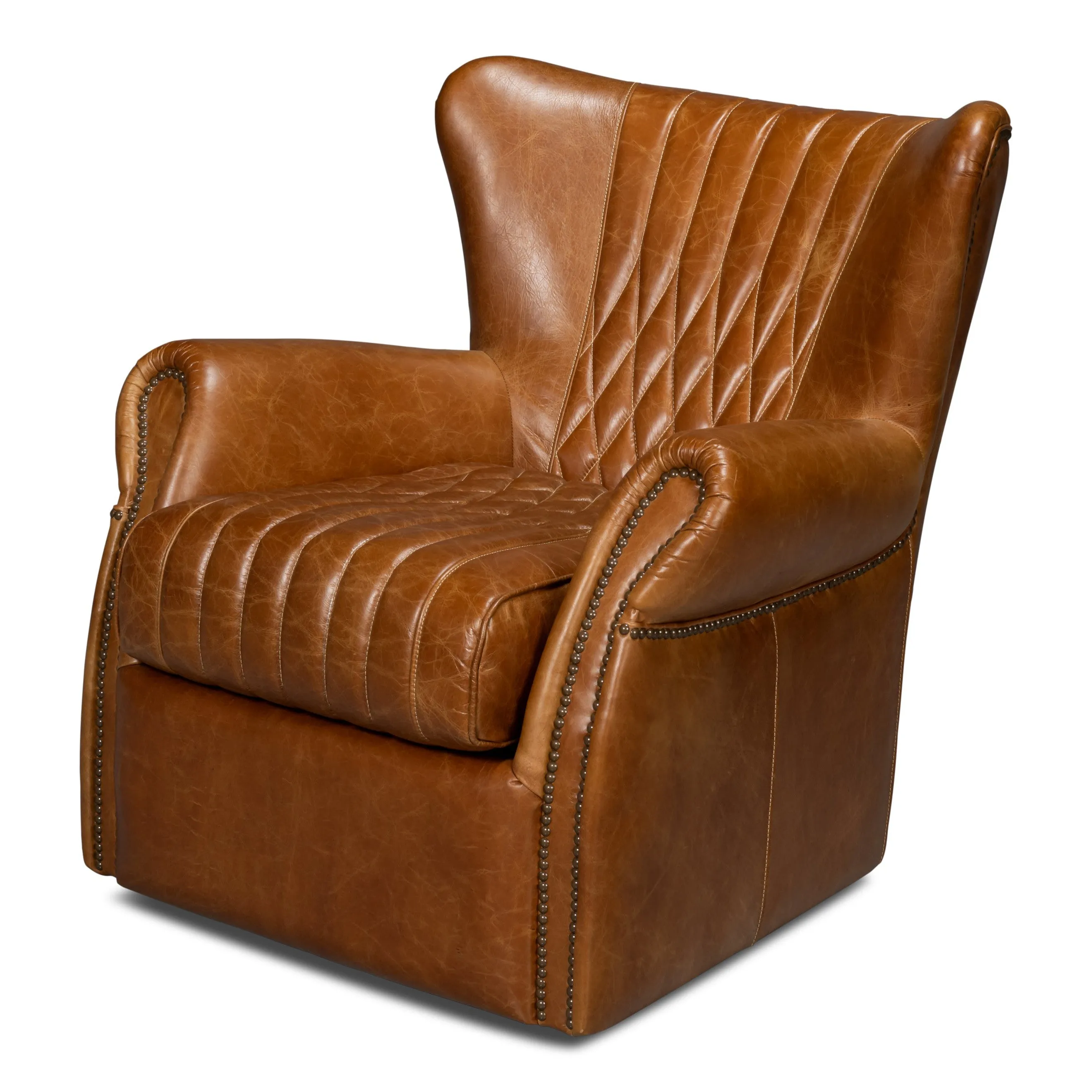 Sarreid - Bugatti Leather Swivel Chair  Cuba Brown - Brown - Traditional