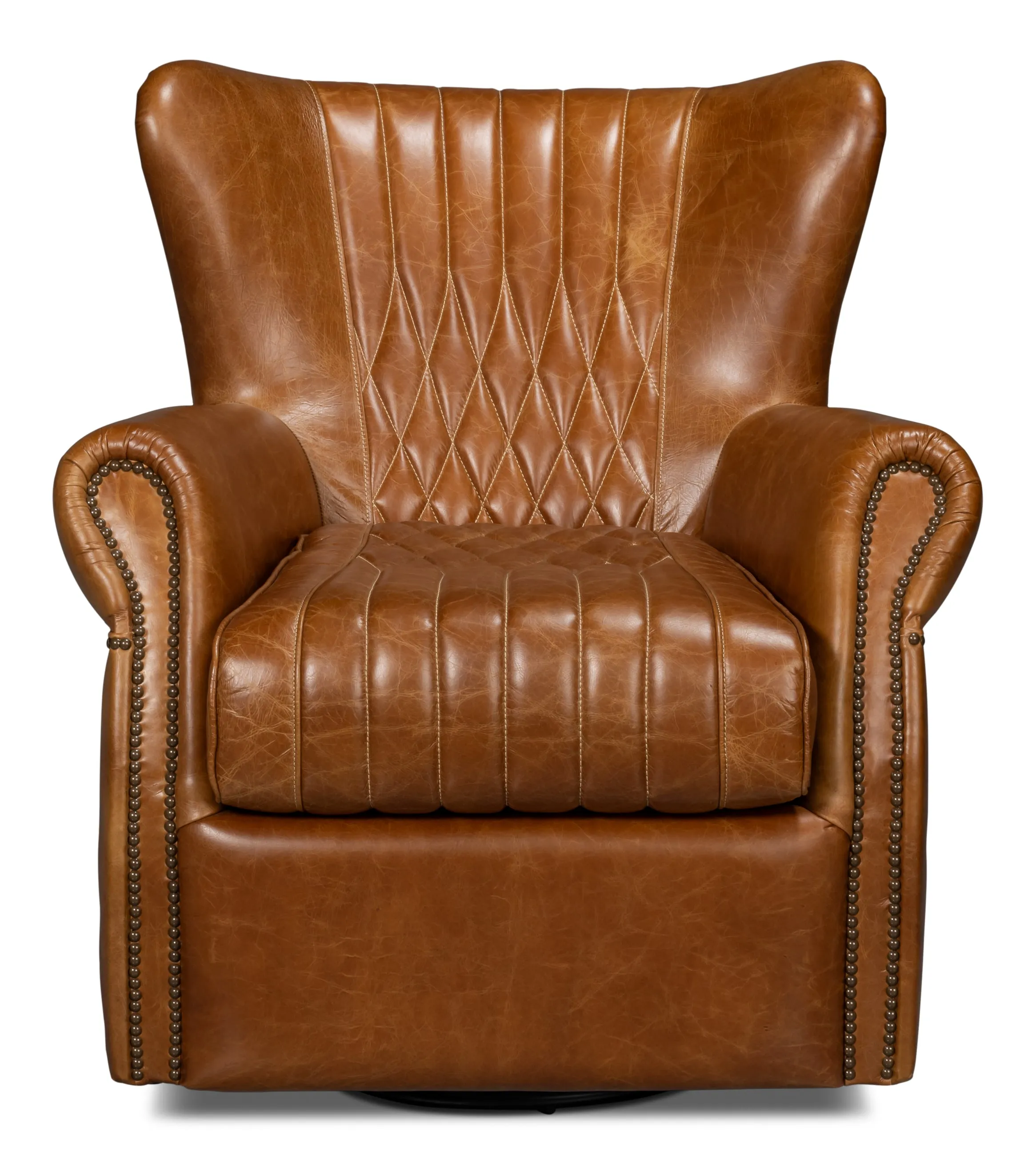 Sarreid - Bugatti Leather Swivel Chair  Cuba Brown - Brown - Traditional