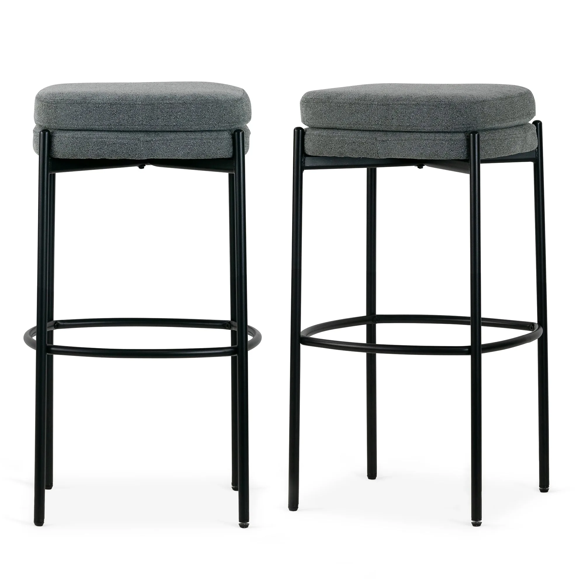 Set of 2 Avril Gray Boucle Backless Bar Stool with Black Metal Legs