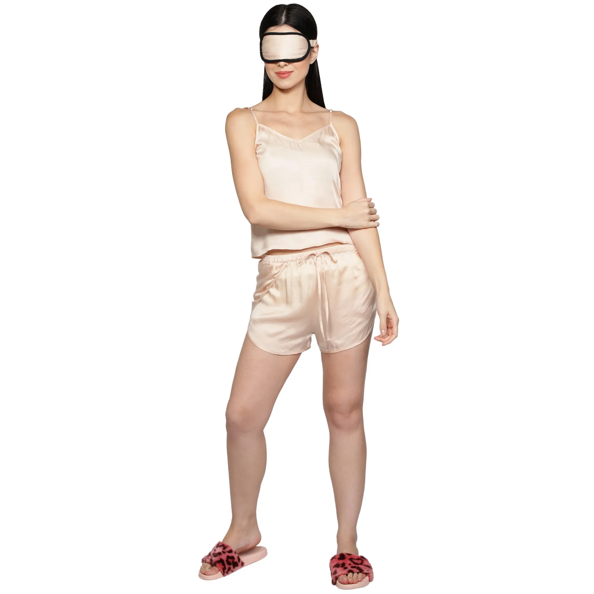 SLAY. Women's Nightwear Nude Color Camisole & Short Co-ord Set with matching Eye mask & Ruffle