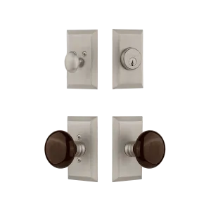 Studio Entry Set with Brown Porcelain Knob in Satin Nickel