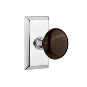 Studio Short Plate with Brown Porcelain Knob in Bright Chrome