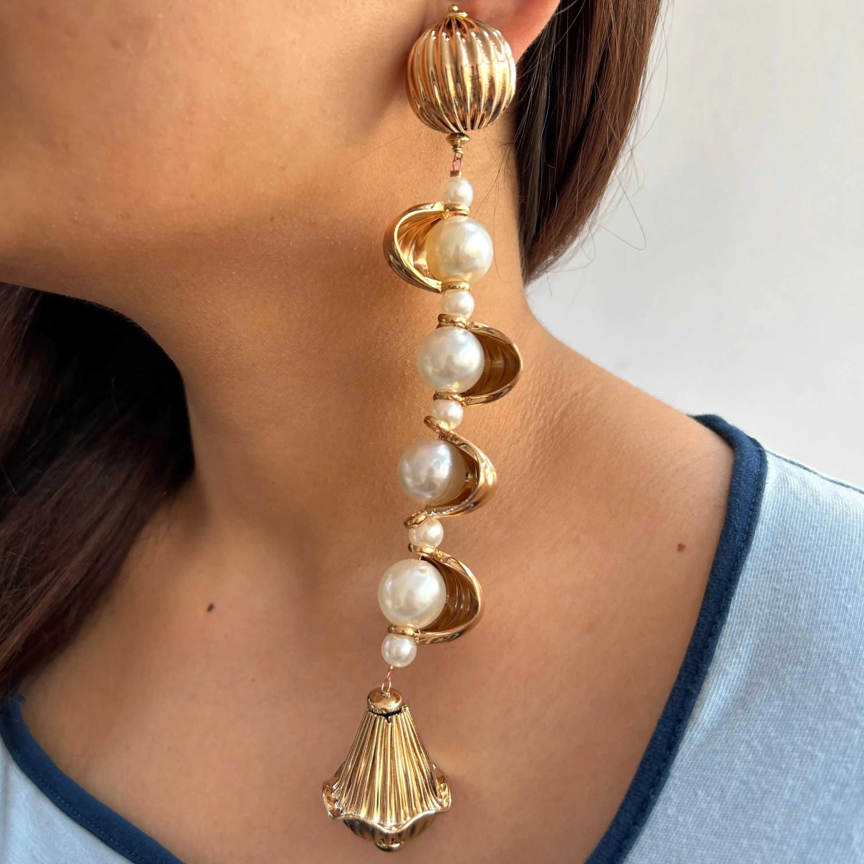 TFC Rotating Vortex Pearl and Gold Plated Shoulder Duster Dangler Earrings