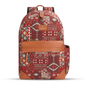 THE CLOWNFISH Wanderlust Collection Tapestry Fabric & Vegan Leather 15.6 inch Womens Laptop Backpack with Trolley Strap Travel Backpack for Women Office College Going Girls (Red Multicolor)