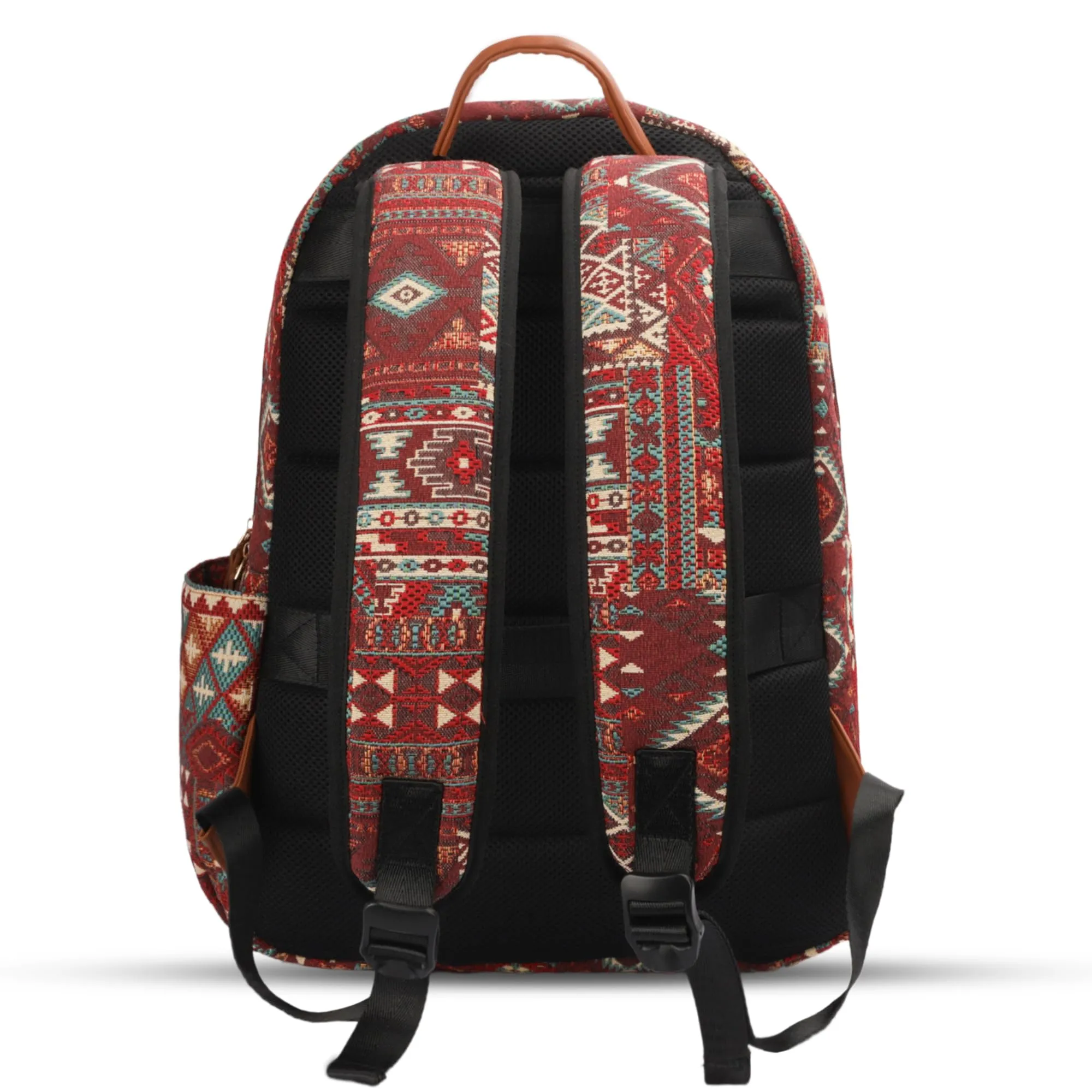 THE CLOWNFISH Wanderlust Collection Tapestry Fabric & Vegan Leather 15.6 inch Womens Laptop Backpack with Trolley Strap Travel Backpack for Women Office College Going Girls (Red Multicolor)