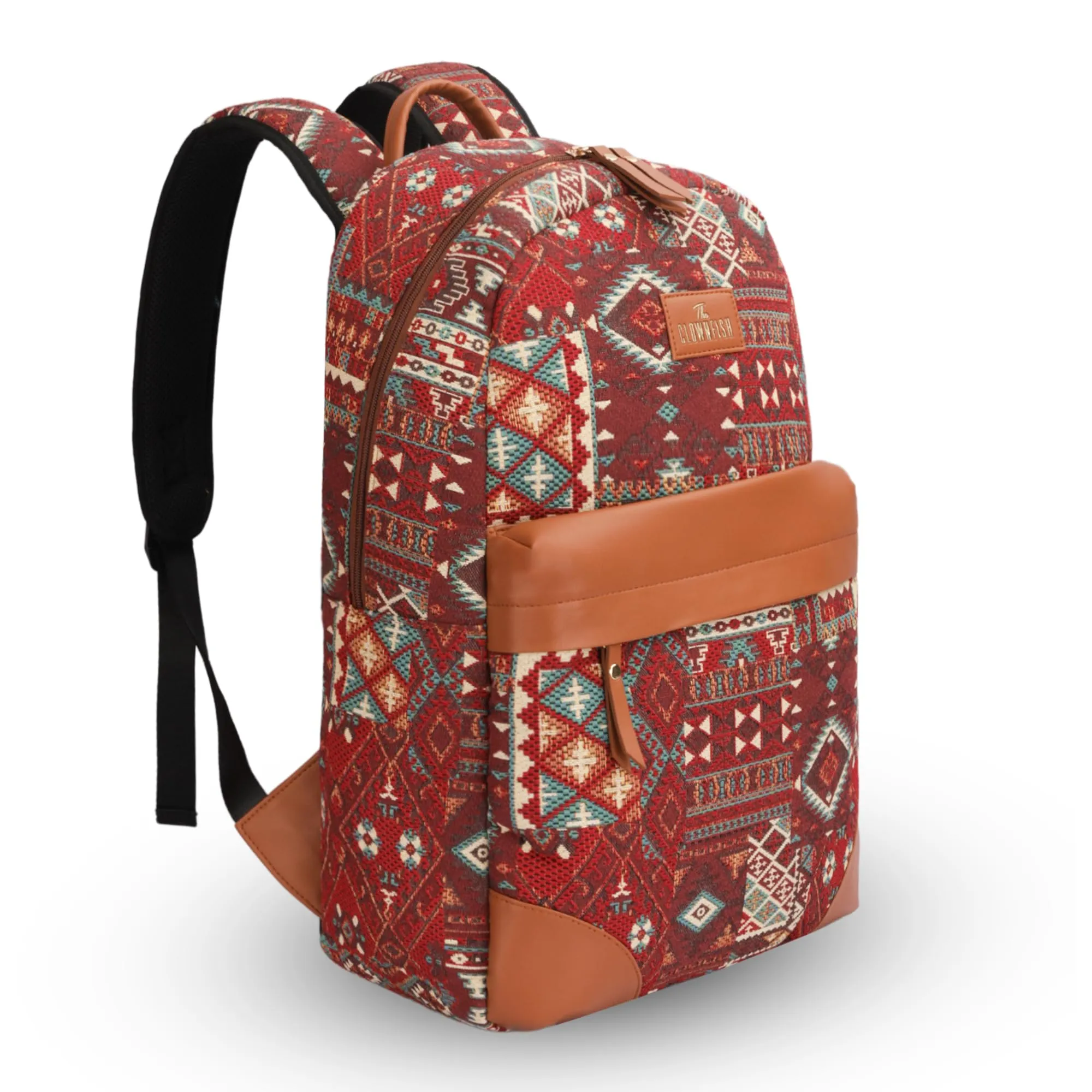 THE CLOWNFISH Wanderlust Collection Tapestry Fabric & Vegan Leather 15.6 inch Womens Laptop Backpack with Trolley Strap Travel Backpack for Women Office College Going Girls (Red Multicolor)