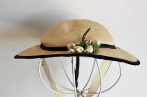 Vintage 1950s Straw Hat with Velvet Ribbon Trim and Flowers